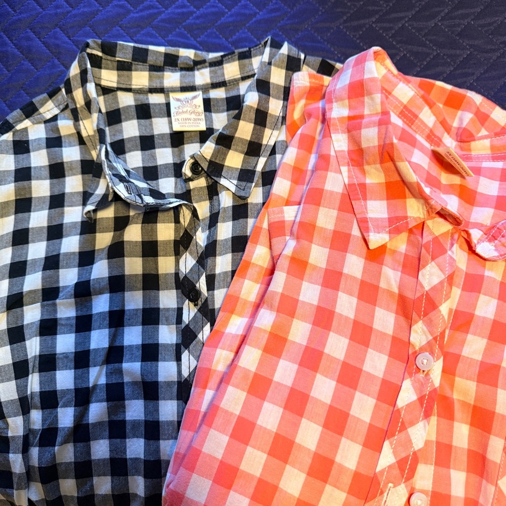 Faded Glory Checkered Button Down Shirts - Black and Pink/Peach